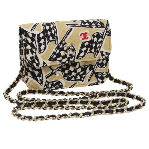 CHANEL Mini Matelasse Shoulder Bag Canvas Beige Black CC Auth 55538AV - Picture 1 of 16